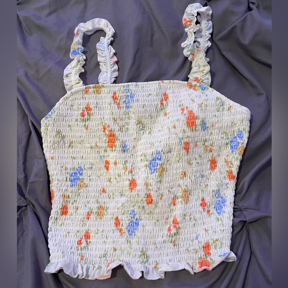 White ribbed tank top with colorful flowers, never worn